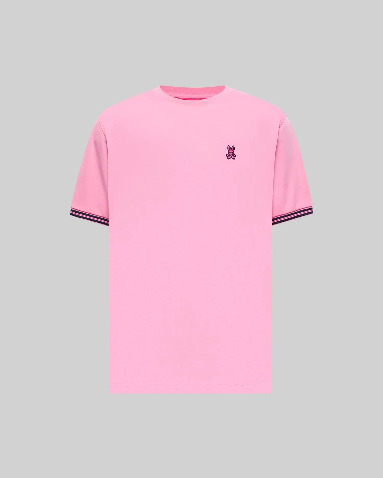 Mens Clark Performance Tee in vibrant pink soft jersey knit, classic fit, featuring a small, embroidered purple Psycho Bunny skull logo on the left chest and ribbed sleeve cuffs with dark blue stripes. (4)