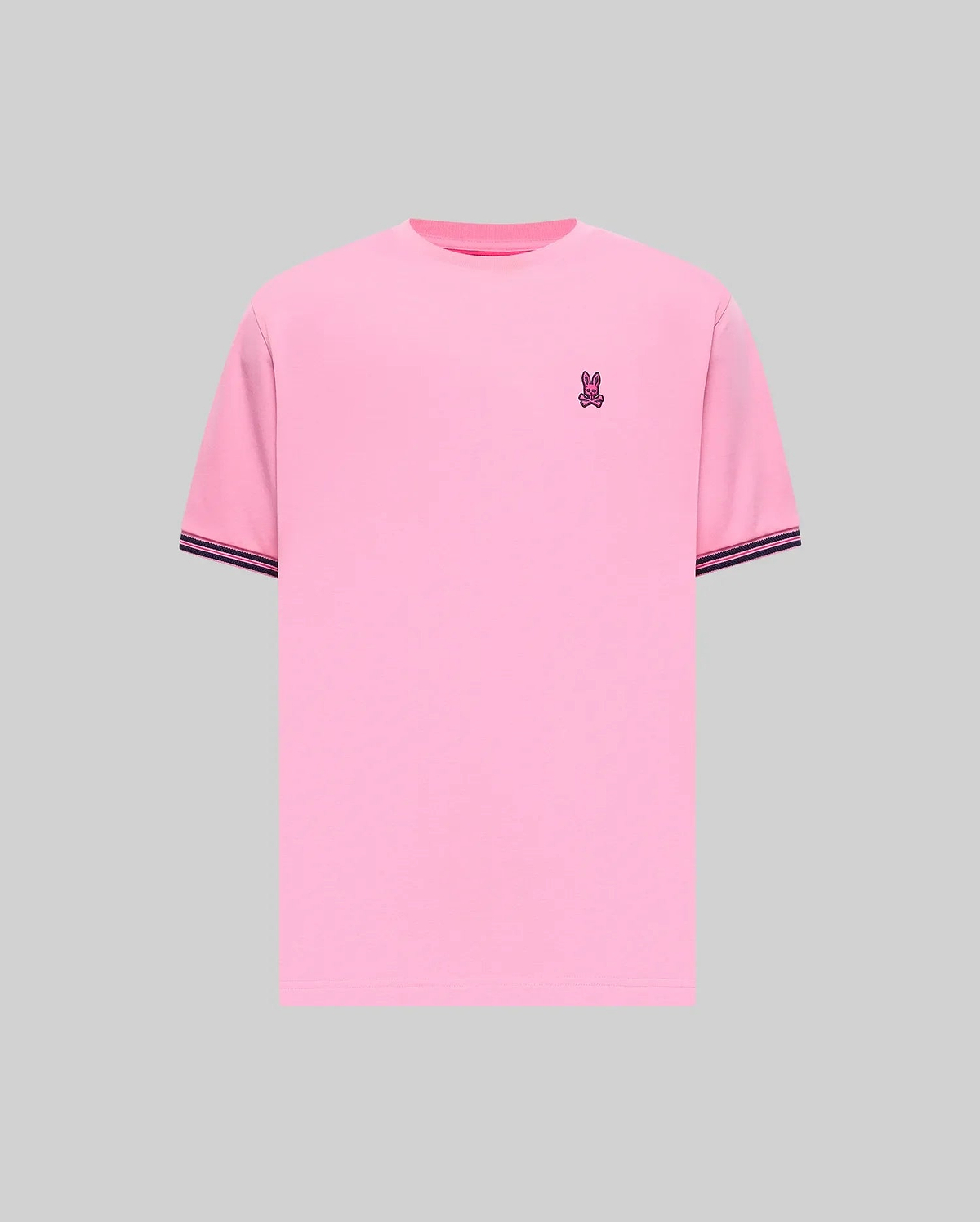 Mens Clark Performance Tee in vibrant pink soft jersey knit, classic fit, featuring a small, embroidered purple Psycho Bunny skull logo on the left chest and ribbed sleeve cuffs with dark blue stripes. (4)