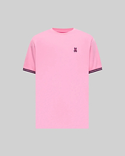 Mens Clark Performance Tee in vibrant pink soft jersey knit, classic fit, featuring a small, embroidered purple Psycho Bunny skull logo on the left chest and ribbed sleeve cuffs with dark blue stripes. (4)