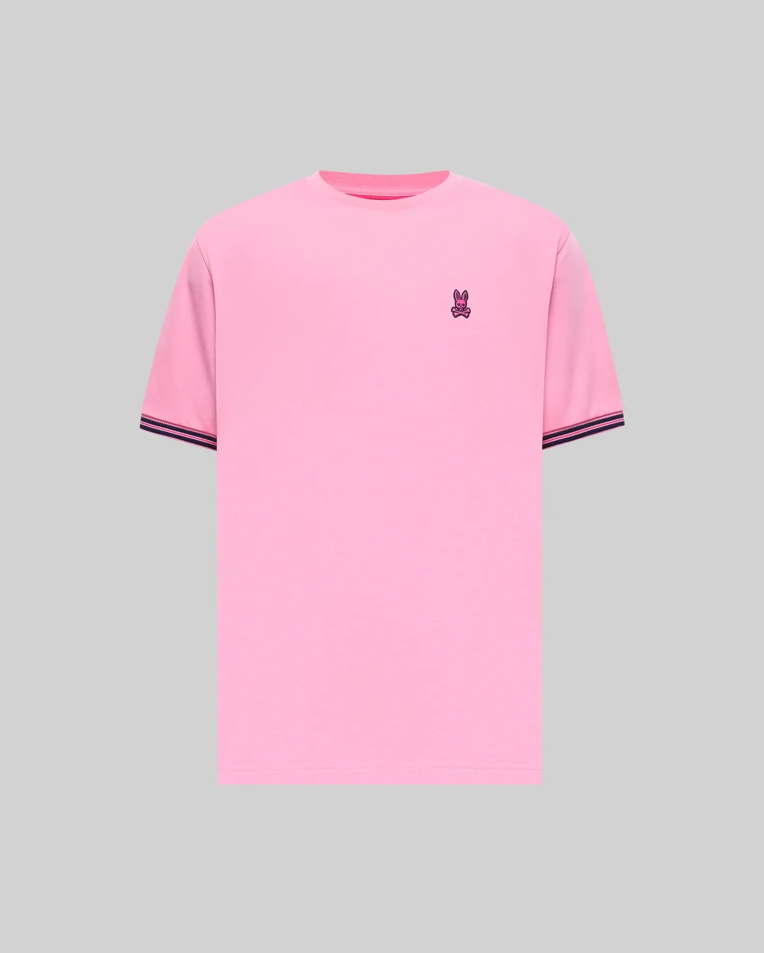 Mens Clark Performance Tee in vibrant pink soft jersey knit, classic fit, featuring a small, embroidered purple Psycho Bunny skull logo on the left chest and ribbed sleeve cuffs with dark blue stripes. (4)