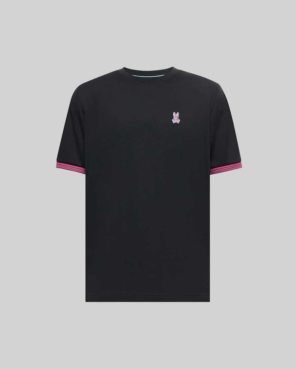Black Mens Clark Performance Tee with a small embroidered pink and blue Psycho Bunny skull logo on the left chest, featuring striped pink and white ribbed cuffs and a light blue neck trim.
