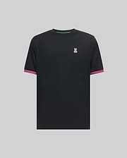 Black Mens Clark Performance Tee with a small embroidered pink and blue Psycho Bunny skull logo on the left chest, featuring striped pink and white ribbed cuffs and a light blue neck trim.