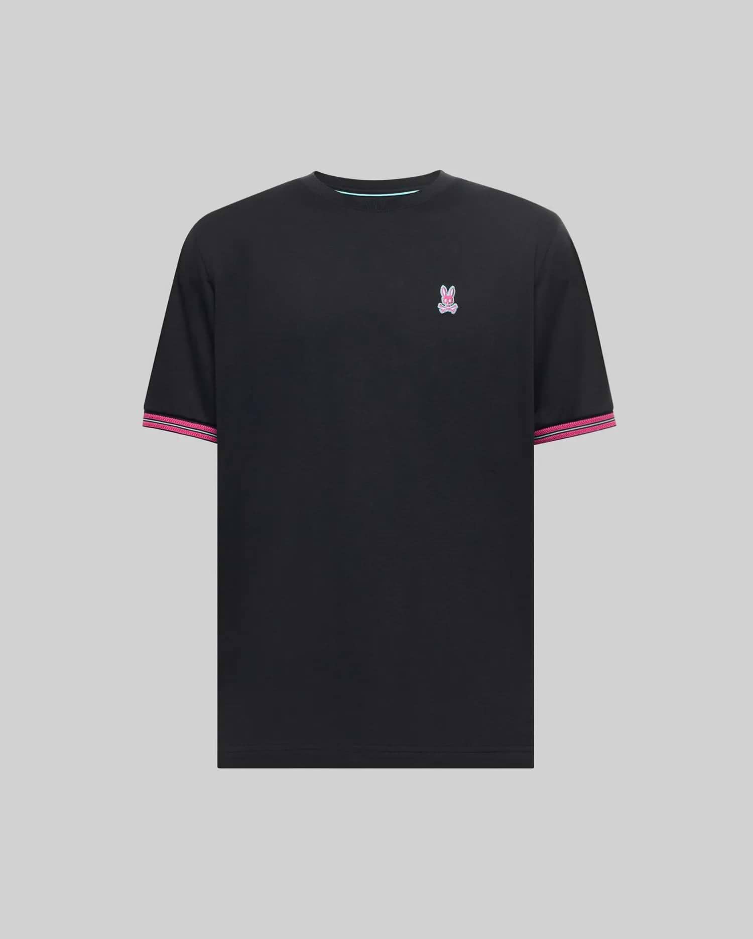 Black Mens Clark Performance Tee with a small embroidered pink and blue Psycho Bunny skull logo on the left chest, featuring striped pink and white ribbed cuffs and a light blue neck trim.