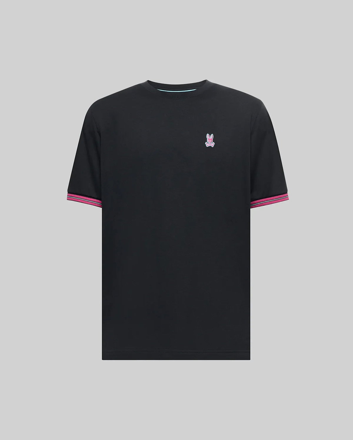 Black Mens Clark Performance Tee with a small embroidered pink and blue Psycho Bunny skull logo on the left chest, featuring striped pink and white ribbed cuffs and a light blue neck trim.