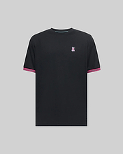 Black Mens Clark Performance Tee with a small embroidered pink and blue Psycho Bunny skull logo on the left chest, featuring striped pink and white ribbed cuffs and a light blue neck trim.