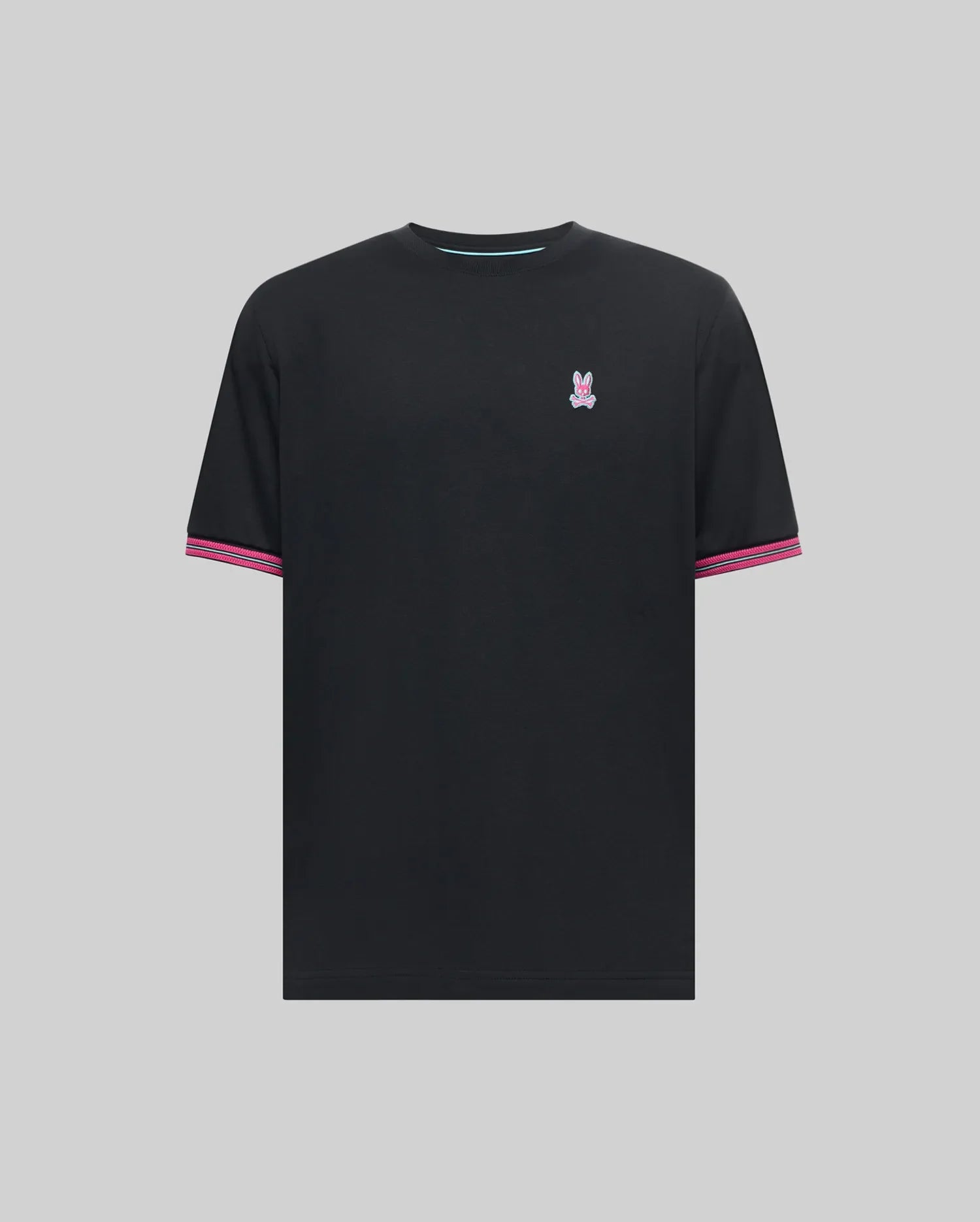 Black Mens Clark Performance Tee with a small embroidered pink and blue Psycho Bunny skull logo on the left chest, featuring striped pink and white ribbed cuffs and a light blue neck trim.