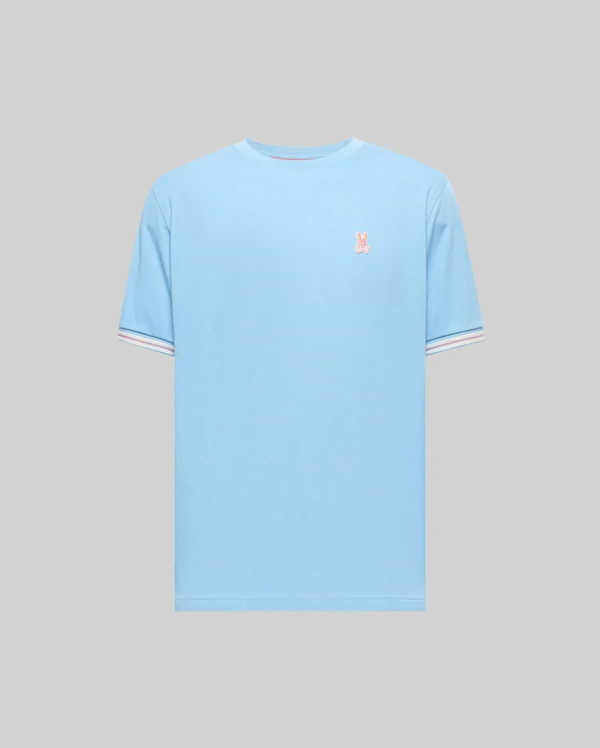 Mens Clark Performance Tee, light blue classic fit jersey t-shirt featuring a small embroidered coral Psycho Bunny skull logo on the left chest and striped ribbed cuffs. (4)