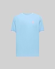 Mens Clark Performance Tee, light blue classic fit jersey t-shirt featuring a small embroidered coral Psycho Bunny skull logo on the left chest and striped ribbed cuffs. (4)