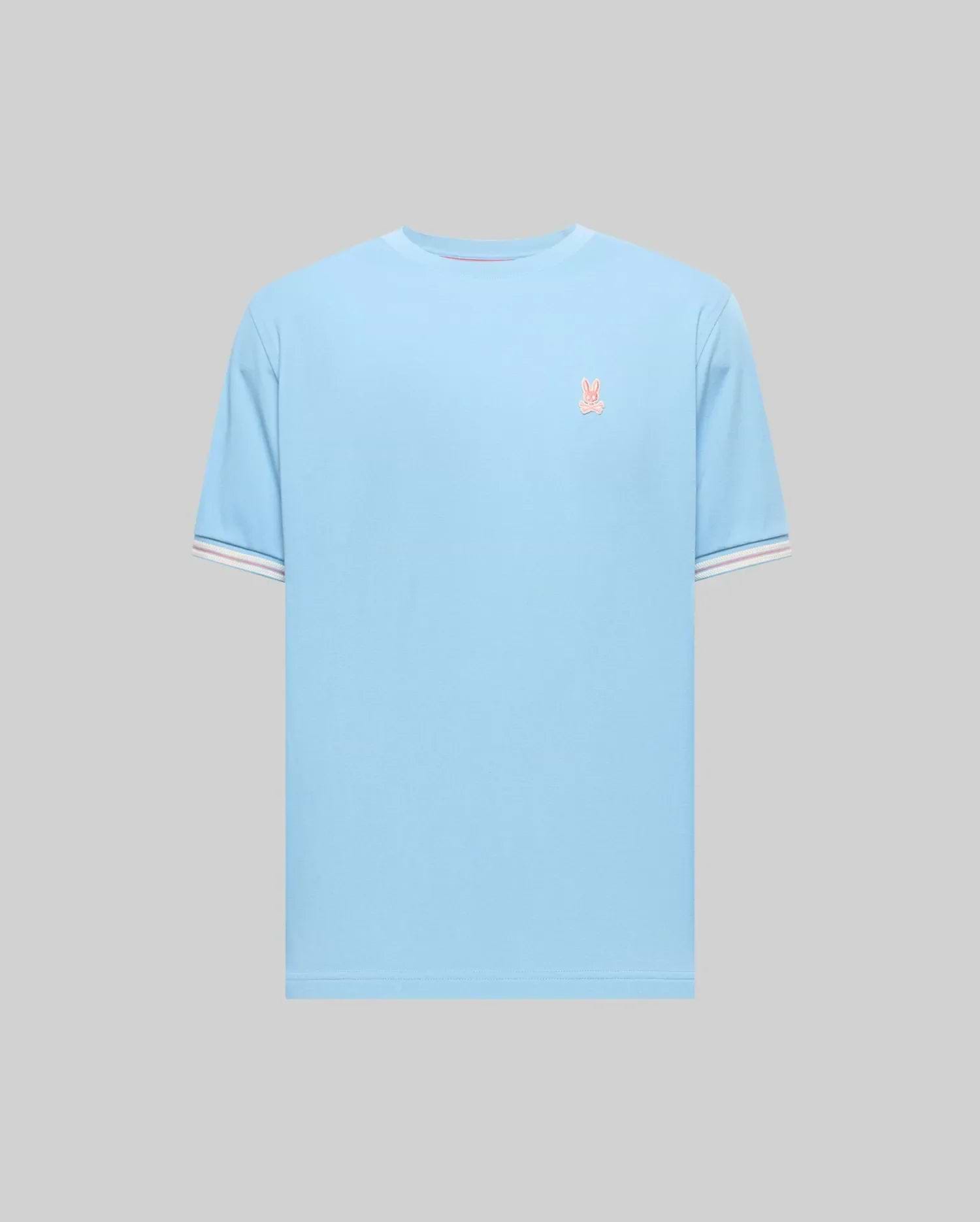 Mens Clark Performance Tee, light blue classic fit jersey t-shirt featuring a small embroidered coral Psycho Bunny skull logo on the left chest and striped ribbed cuffs. (4)