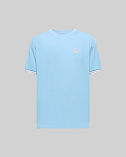 Mens Clark Performance Tee, light blue classic fit jersey t-shirt featuring a small embroidered coral Psycho Bunny skull logo on the left chest and striped ribbed cuffs. (4)