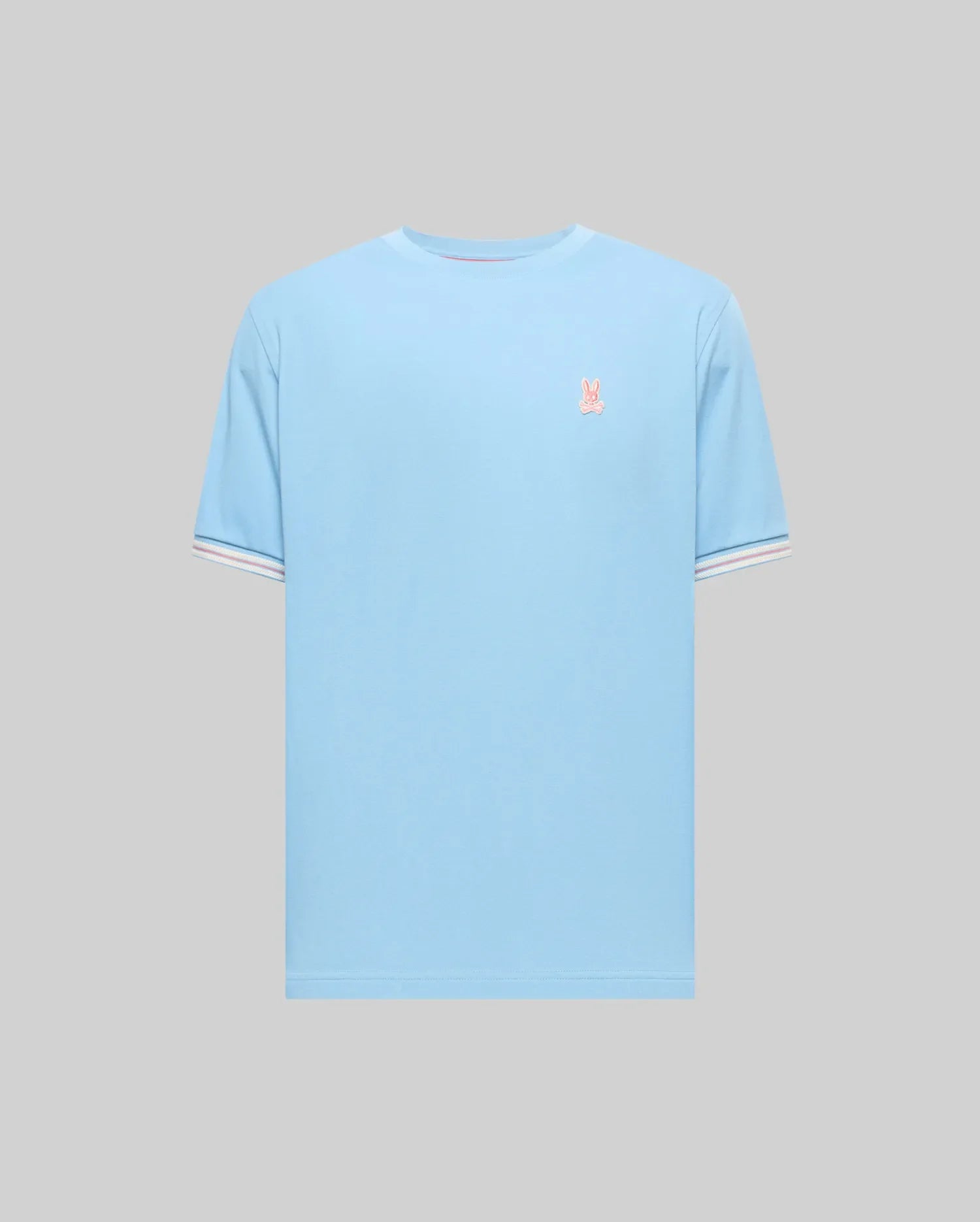 Mens Clark Performance Tee, light blue classic fit jersey t-shirt featuring a small embroidered coral Psycho Bunny skull logo on the left chest and striped ribbed cuffs. (4)