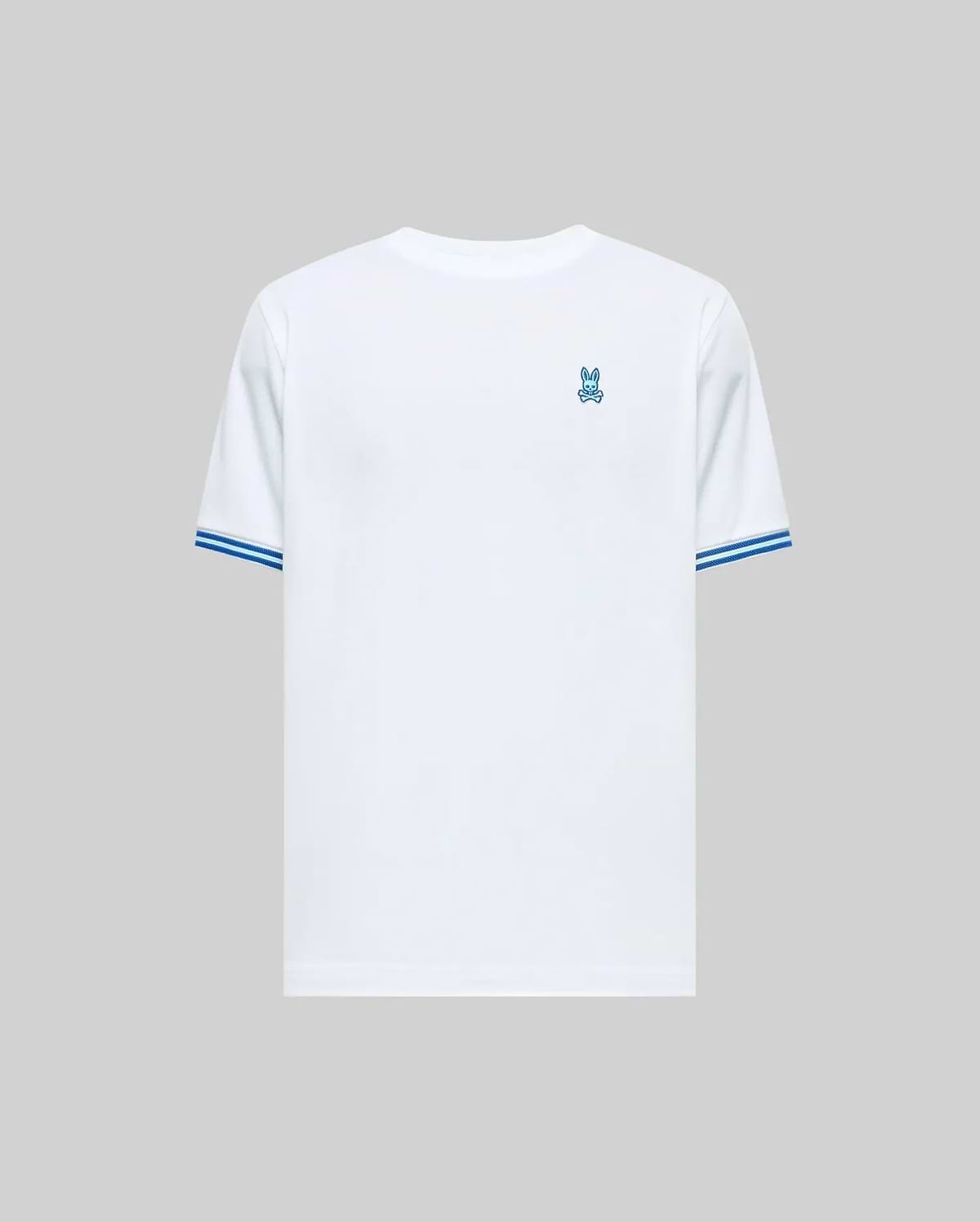 Mens Clark Performance Tee, a white classic fit jersey t-shirt featuring a small embroidered blue Psycho Bunny skull logo on the left chest and double blue stripe accents on the sleeve cuffs. (4)