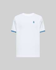 Mens Clark Performance Tee, a white classic fit jersey t-shirt featuring a small embroidered blue Psycho Bunny skull logo on the left chest and double blue stripe accents on the sleeve cuffs. (4)