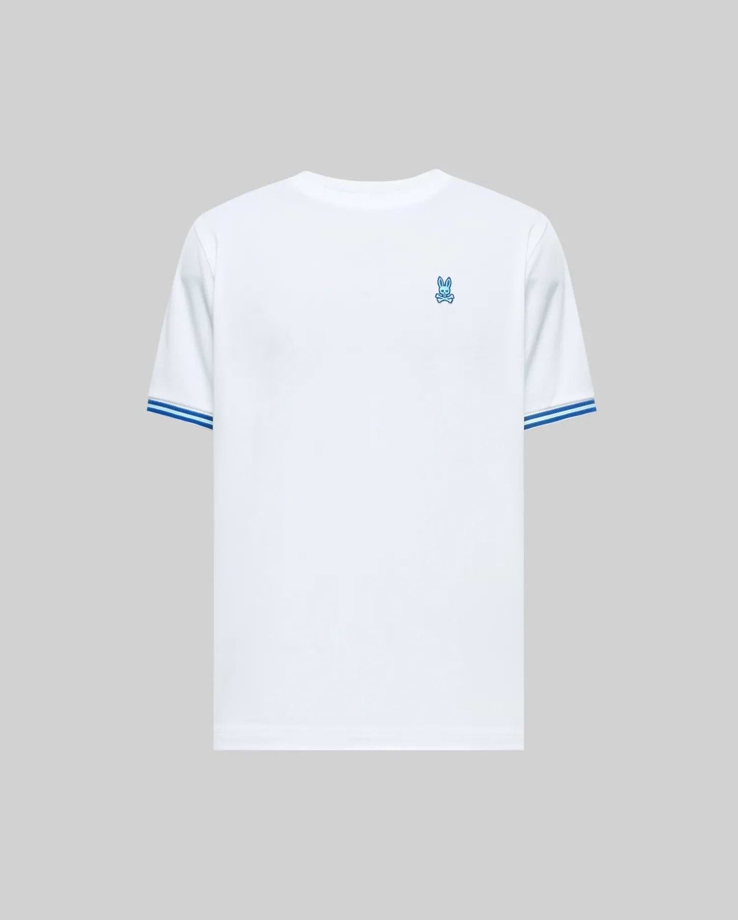 Mens Clark Performance Tee, a white classic fit jersey t-shirt featuring a small embroidered blue Psycho Bunny skull logo on the left chest and double blue stripe accents on the sleeve cuffs. (4)