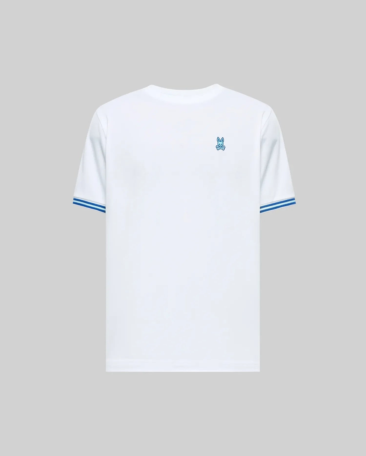 Mens Clark Performance Tee, a white classic fit jersey t-shirt featuring a small embroidered blue Psycho Bunny skull logo on the left chest and double blue stripe accents on the sleeve cuffs. (4)