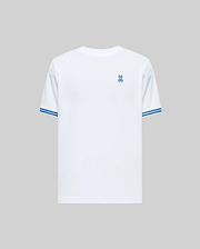 Mens Clark Performance Tee, a white classic fit jersey t-shirt featuring a small embroidered blue Psycho Bunny skull logo on the left chest and double blue stripe accents on the sleeve cuffs. (4)