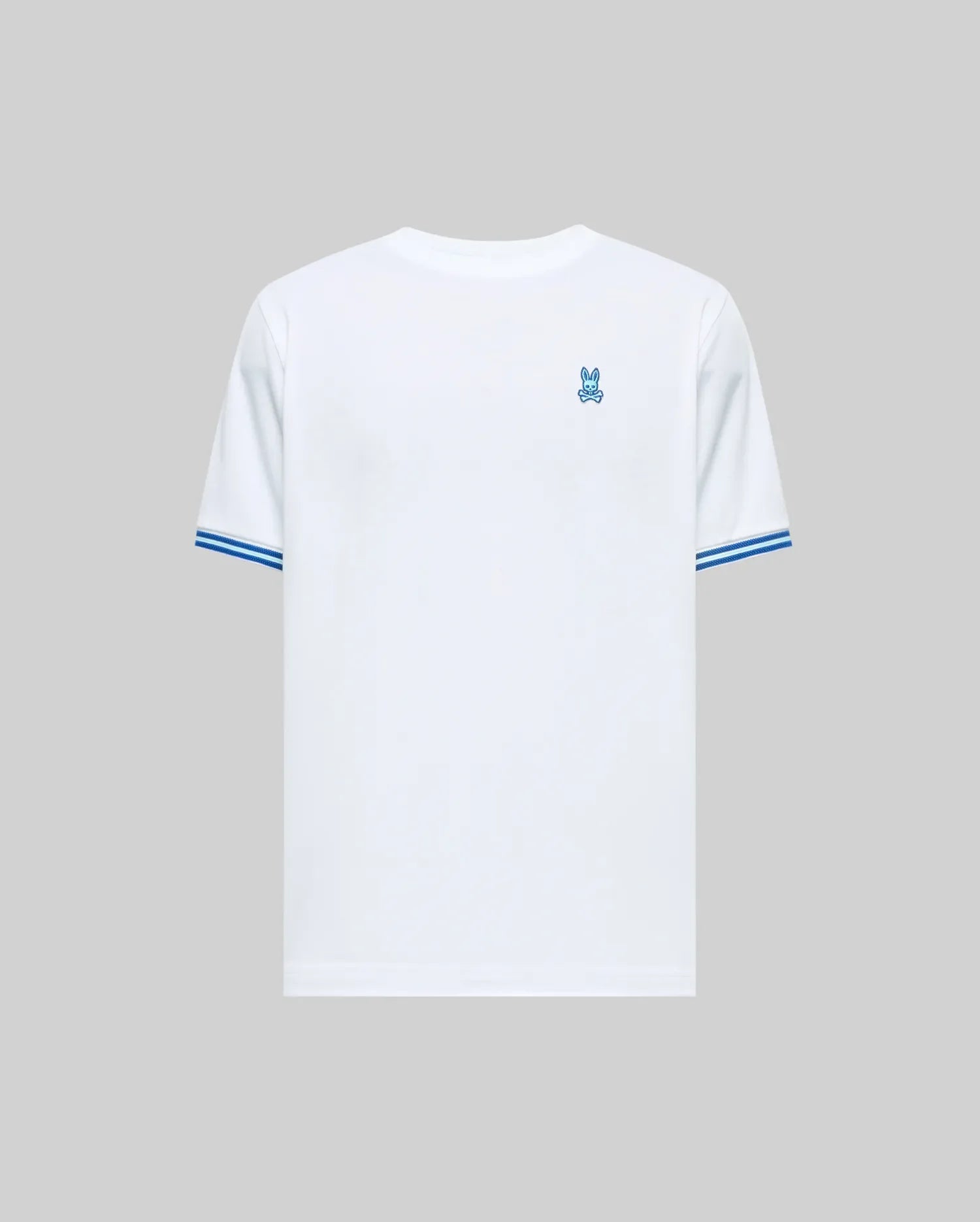 Mens Clark Performance Tee, a white classic fit jersey t-shirt featuring a small embroidered blue Psycho Bunny skull logo on the left chest and double blue stripe accents on the sleeve cuffs. (4)
