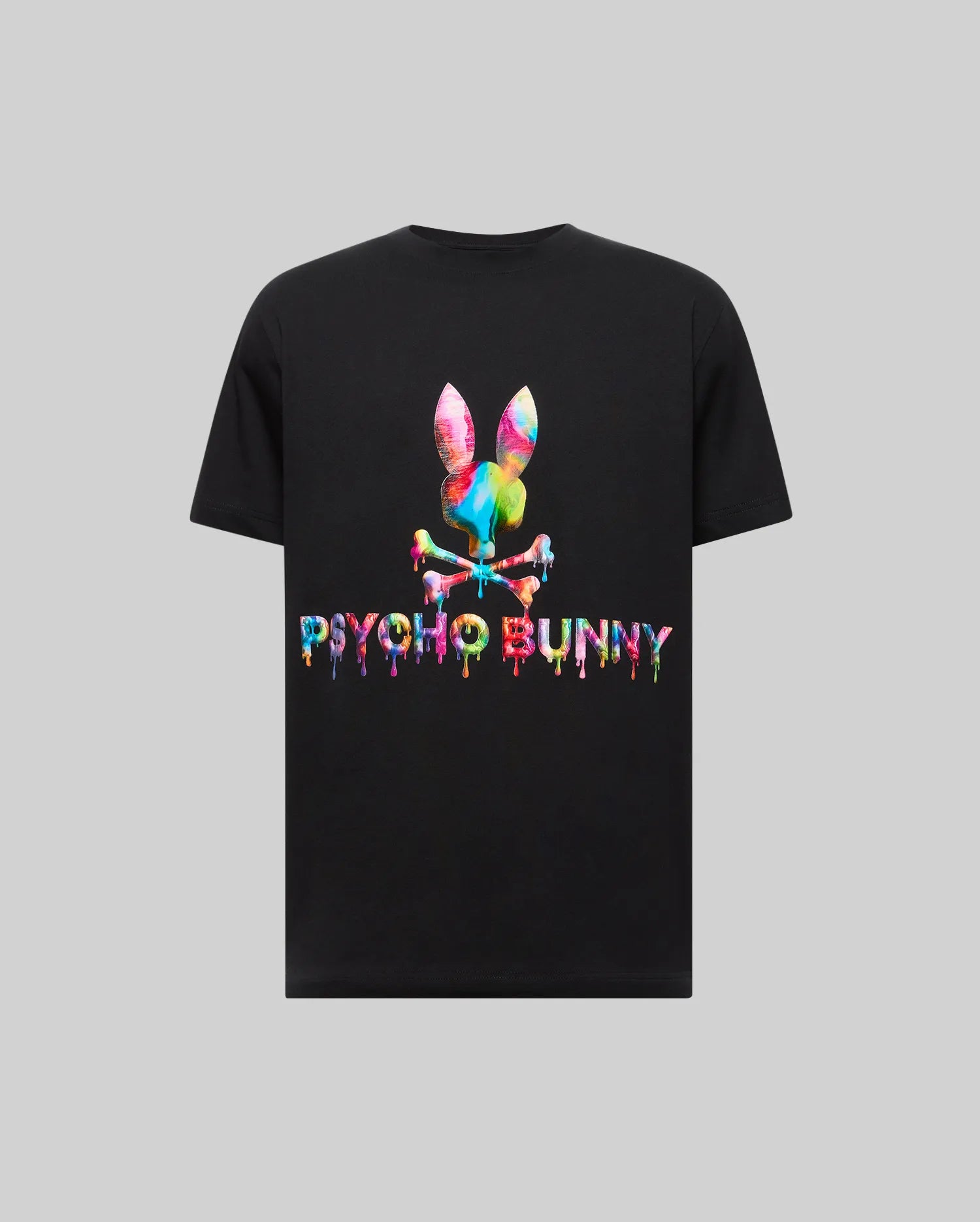 Mens Wells Graphic Tee, premium black jersey t-shirt with a large, central, multicolor dripping Psycho Bunny skull and crossbones logo and text graphic, classic fit. (4)