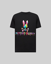 Mens Wells Graphic Tee, premium black jersey t-shirt with a large, central, multicolor dripping Psycho Bunny skull and crossbones logo and text graphic, classic fit. (4)