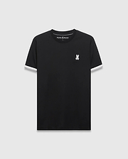 Mens Holden Tee, black classic fit jersey t-shirt with white trim on short sleeves, featuring a small embroidered Psycho Bunny skull logo on the left chest and a ribbed crew neck.