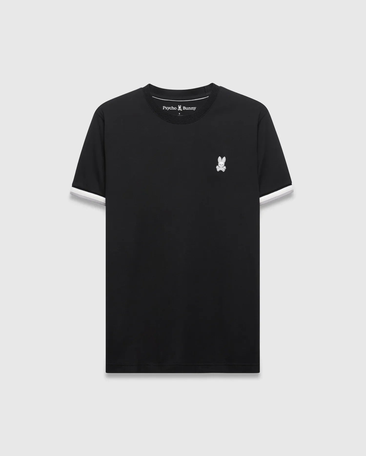 Mens Holden Tee, black classic fit jersey t-shirt with white trim on short sleeves, featuring a small embroidered Psycho Bunny skull logo on the left chest and a ribbed crew neck.