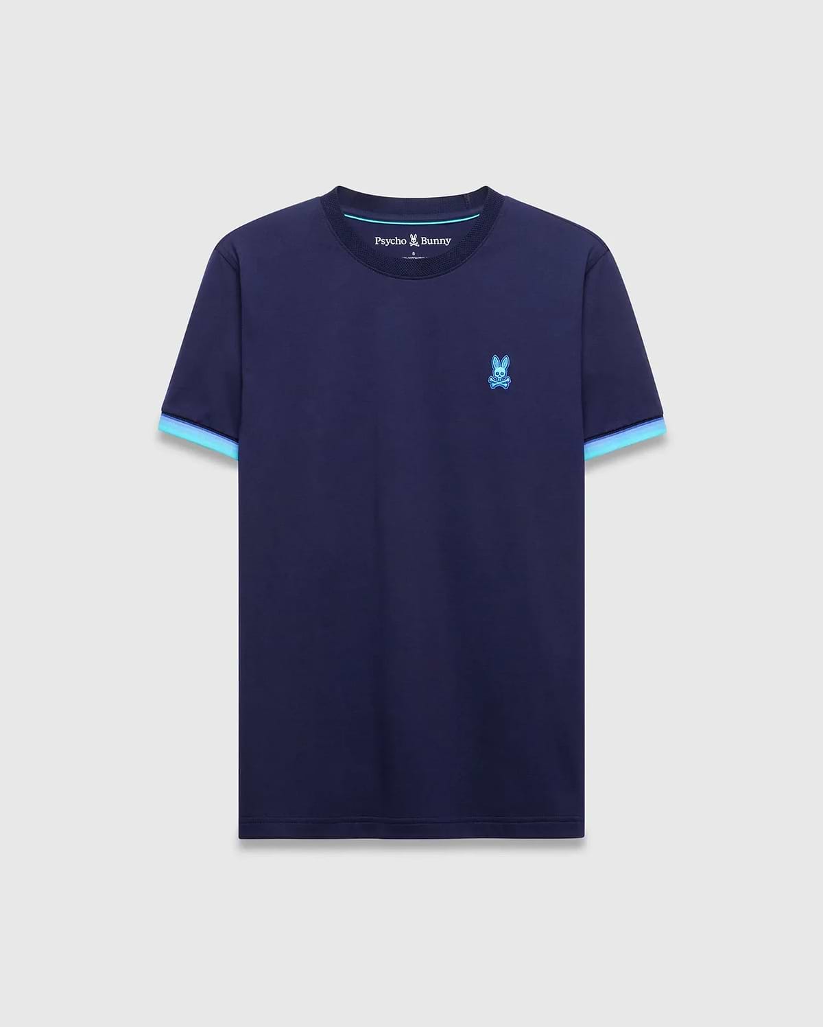 Mens Holden Tee, navy blue jersey t-shirt with classic fit, bright blue embroidered Psycho Bunny skull logo on left chest, and light blue striped sleeve cuffs. (5)