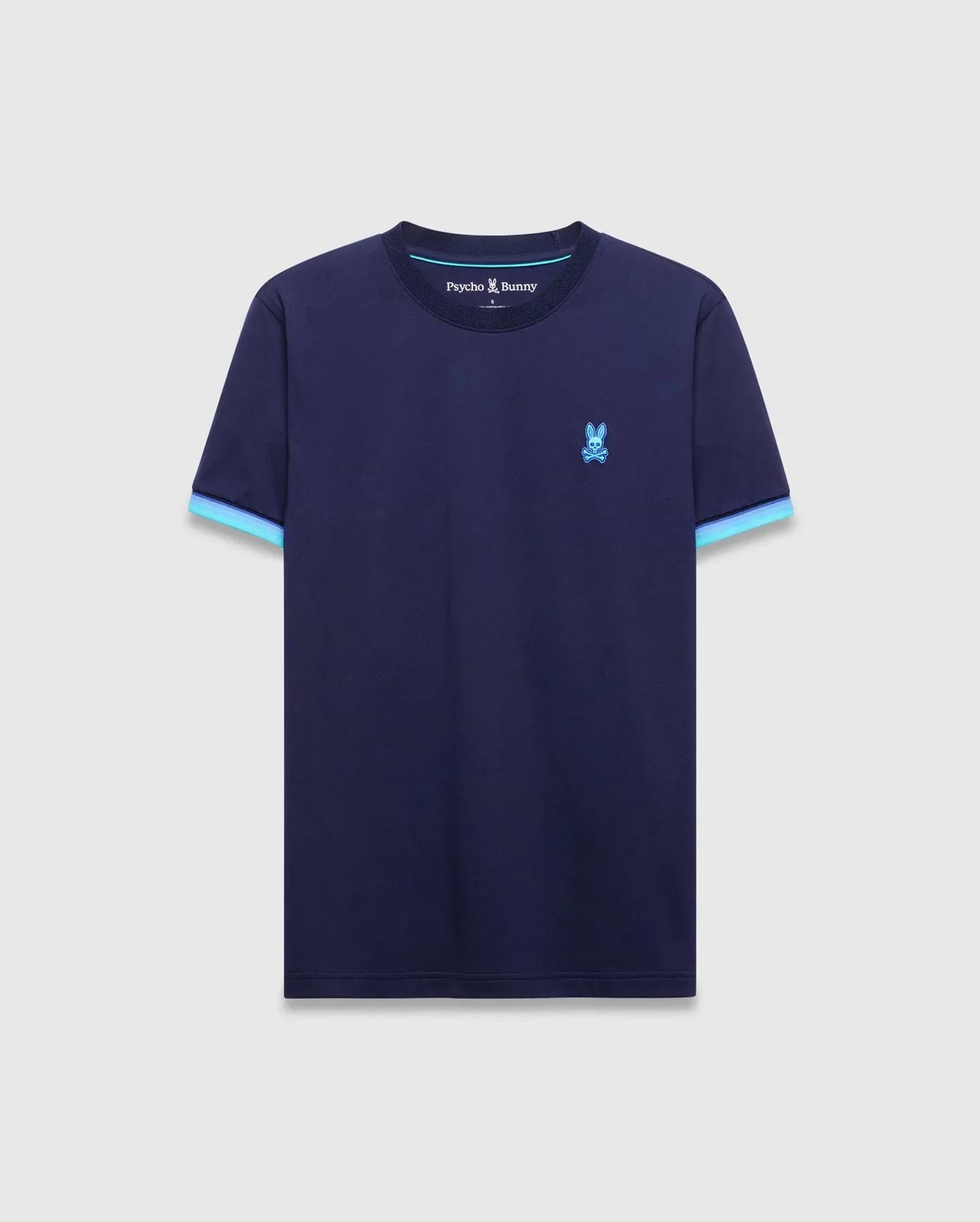 Mens Holden Tee, navy blue jersey t-shirt with classic fit, bright blue embroidered Psycho Bunny skull logo on left chest, and light blue striped sleeve cuffs. (5)