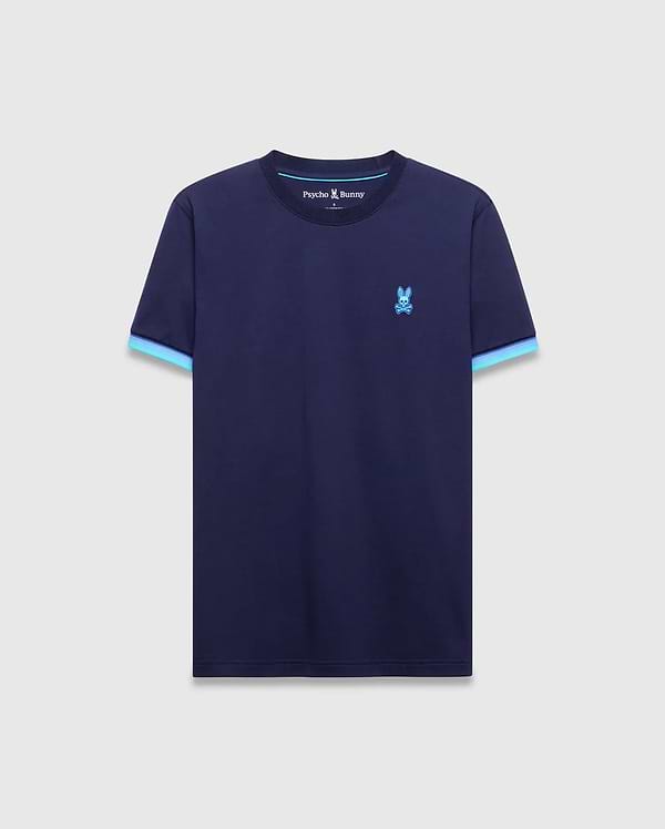 Mens Holden Tee, navy blue jersey t-shirt with classic fit, bright blue embroidered Psycho Bunny skull logo on left chest, and light blue striped sleeve cuffs. (5)