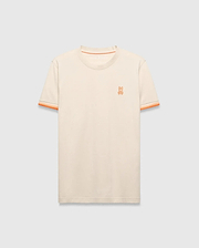 Mens Holden Tee, a classic fit cream jersey knit t-shirt with orange ribbed crew neck, striped sleeve cuffs, and small embroidered orange Psycho Bunny skull logo on left chest. (5)