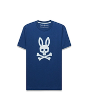 Mens Emmanuel Graphic Tee, a classic fit navy blue jersey t-shirt featuring a large, distressed white Psycho Bunny skull and crossbones graphic prominently on the chest.