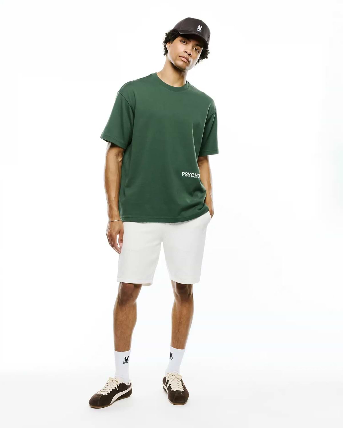 Dark green Mens Haiden Relaxed Heavy Weight Tee with a relaxed fit, featuring white PSYCHO text on the left chest, crafted from smooth, heavy jersey fabric.