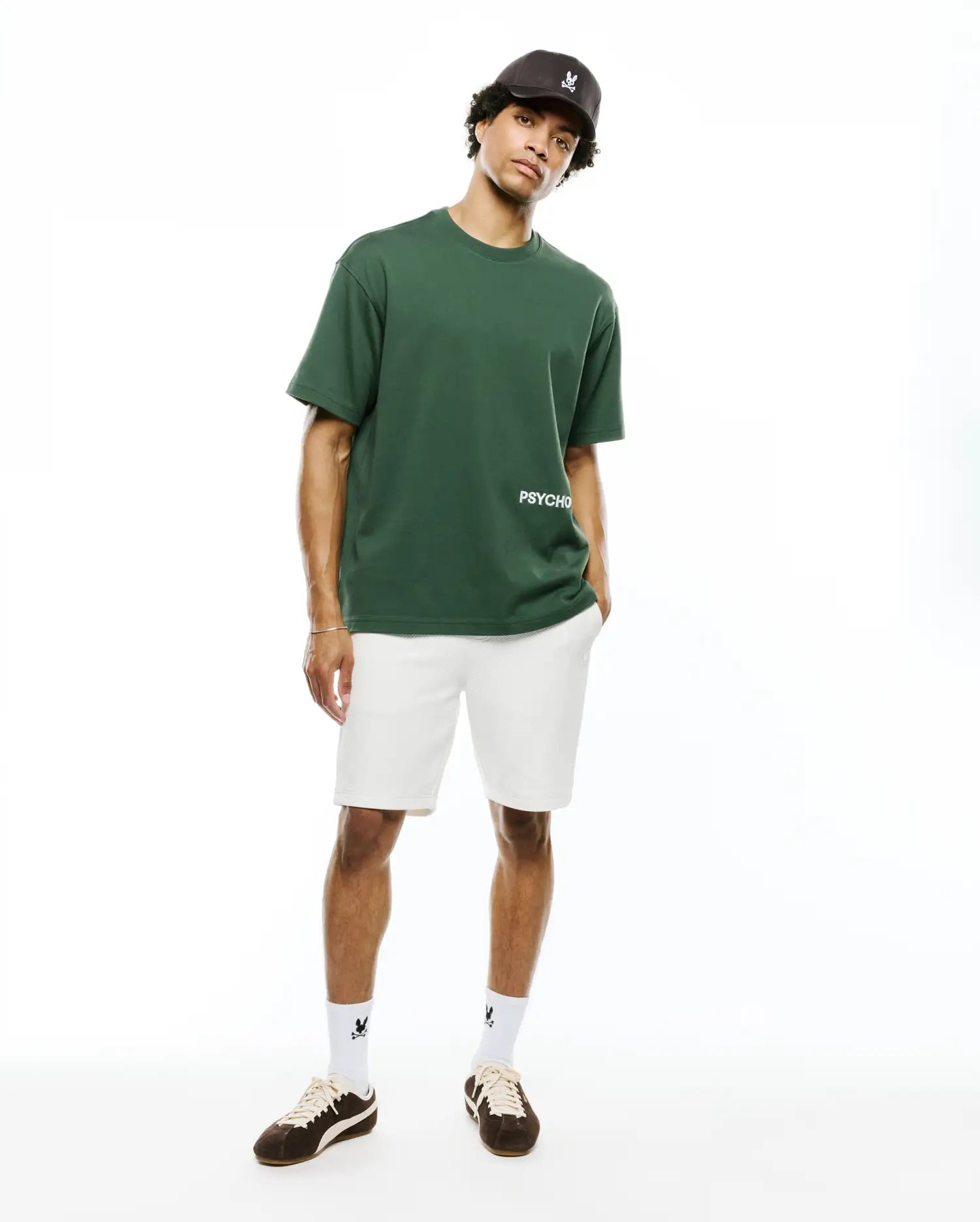 Dark green Mens Haiden Relaxed Heavy Weight Tee with a relaxed fit, featuring white PSYCHO text on the left chest, crafted from smooth, heavy jersey fabric.