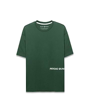 Mens Haiden Relaxed Heavy Weight Tee in dark green jersey, featuring a small embroidered Psycho Bunny skull logo on the left chest and large white PSYCHO BUNNY text printed vertically on the lower left front.