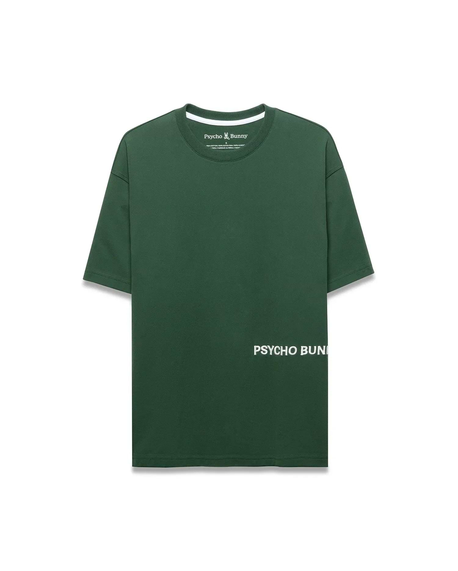 Mens Haiden Relaxed Heavy Weight Tee in dark green jersey, featuring a small embroidered Psycho Bunny skull logo on the left chest and large white PSYCHO BUNNY text printed vertically on the lower left front.
