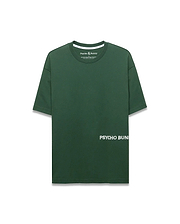 Mens Haiden Relaxed Heavy Weight Tee in dark green jersey, featuring a small embroidered Psycho Bunny skull logo on the left chest and large white PSYCHO BUNNY text printed vertically on the lower left front.