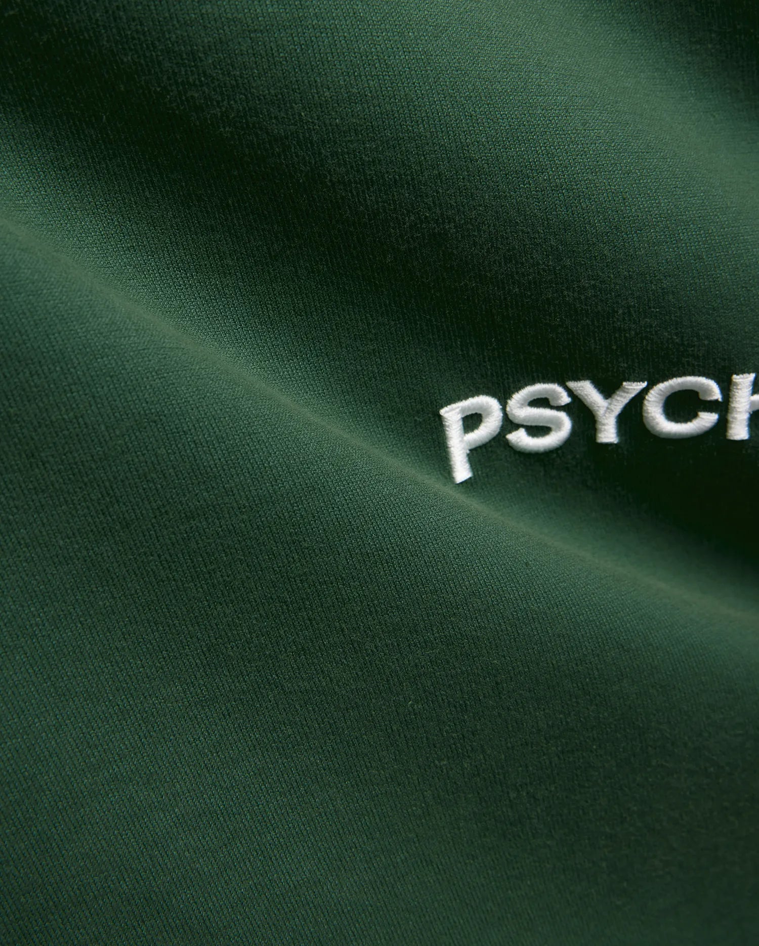 Mens Haiden Relaxed Heavy Weight Tee in dark green, featuring a heavyweight jersey knit texture and a prominent embroidered white Psycho Bunny PSYCH text logo.