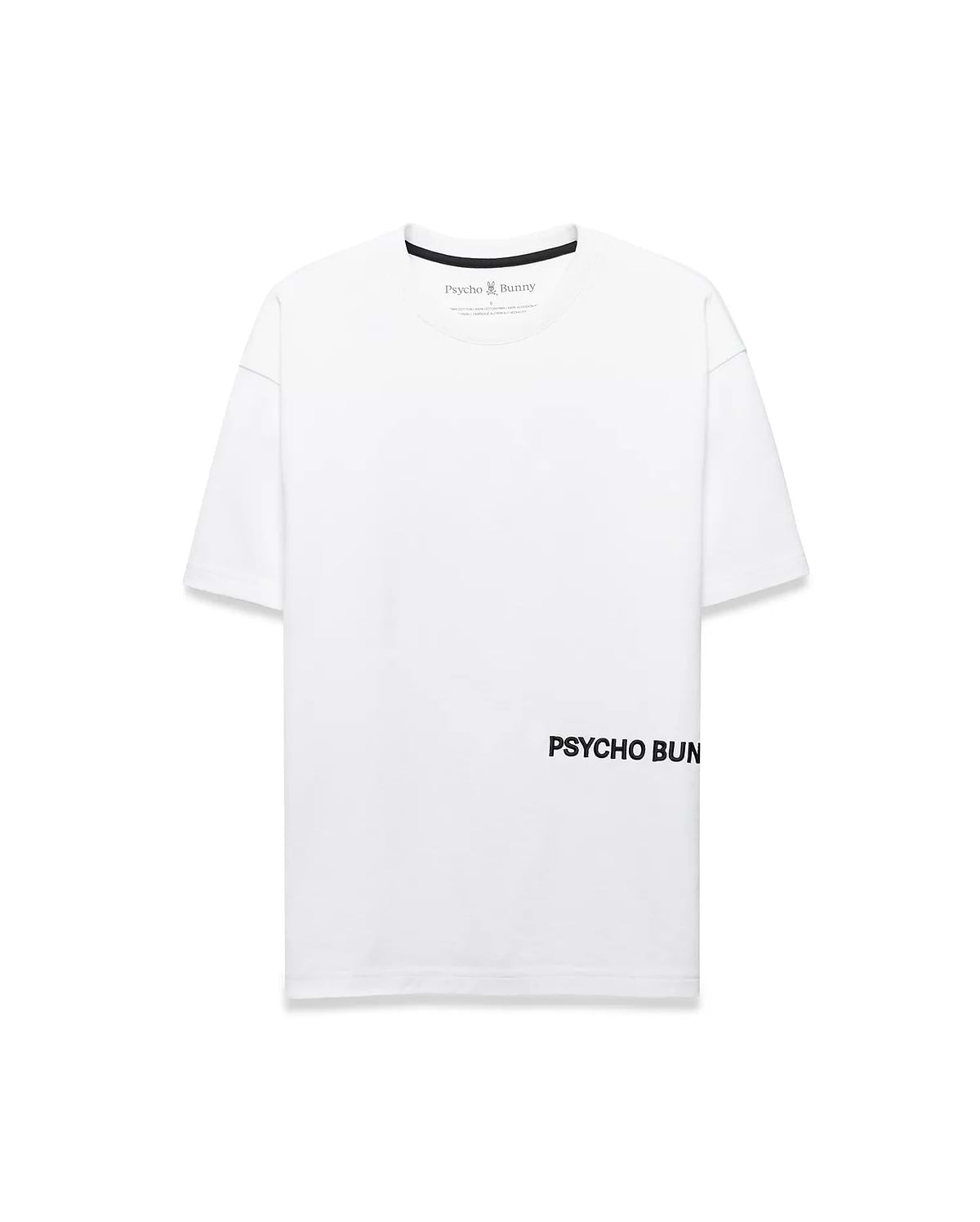 Mens Haiden Relaxed Heavy Weight Tee, a white relaxed fit heavy weight jersey t-shirt featuring black inner neck tape, small Psycho Bunny neck label logo, and large black PSYCHO BUNNY graphic on lower right front.