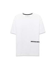 Mens Haiden Relaxed Heavy Weight Tee, a white relaxed fit heavy weight jersey t-shirt featuring black inner neck tape, small Psycho Bunny neck label logo, and large black PSYCHO BUNNY graphic on lower right front.