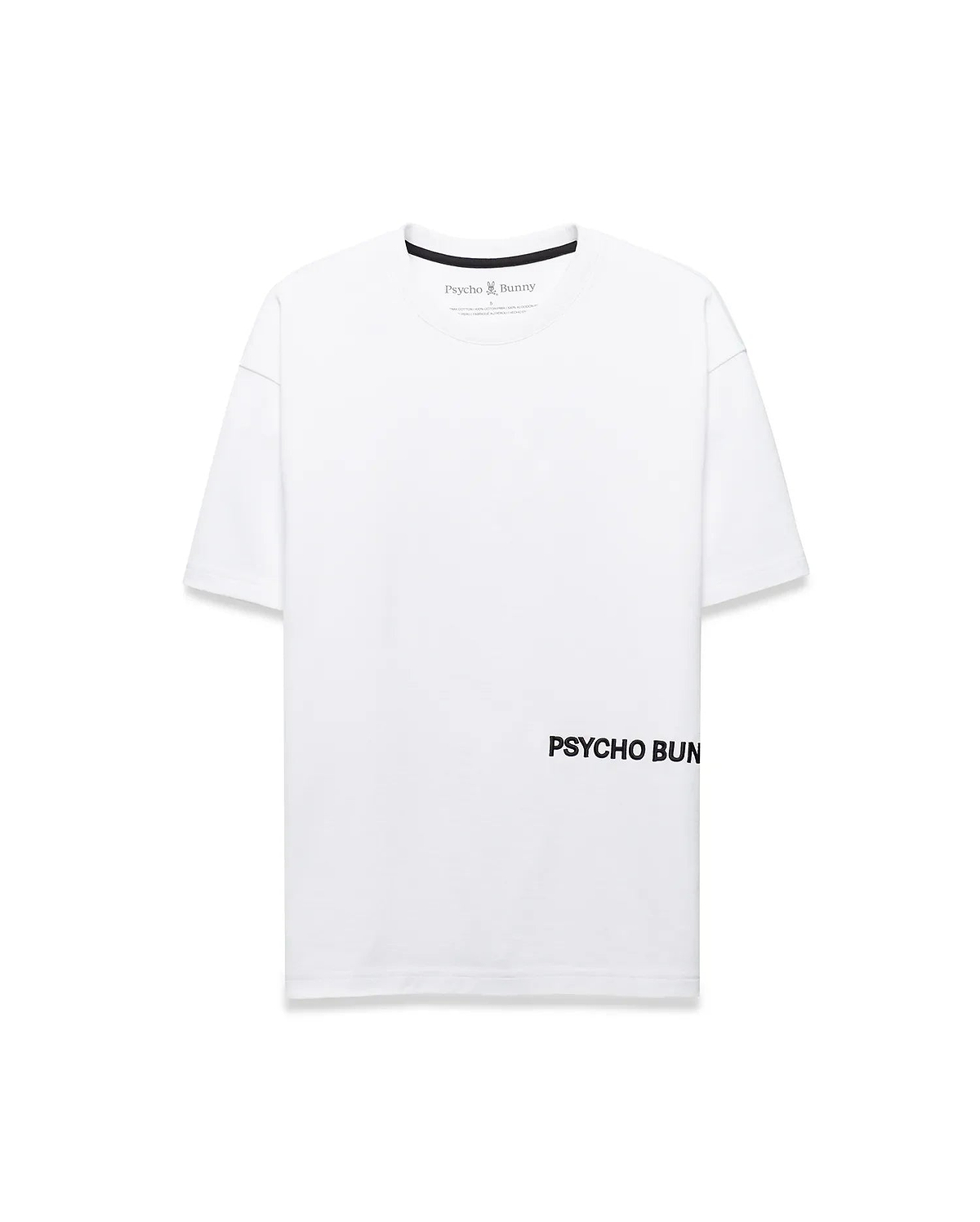 Mens Haiden Relaxed Heavy Weight Tee, a white relaxed fit heavy weight jersey t-shirt featuring black inner neck tape, small Psycho Bunny neck label logo, and large black PSYCHO BUNNY graphic on lower right front.