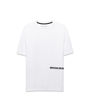 Mens Haiden Relaxed Heavy Weight Tee, a white relaxed fit heavy weight jersey t-shirt featuring black inner neck tape, small Psycho Bunny neck label logo, and large black PSYCHO BUNNY graphic on lower right front.