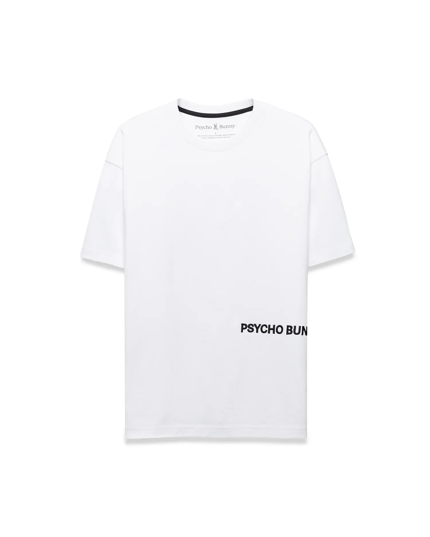 Mens Haiden Relaxed Heavy Weight Tee, a white relaxed fit heavy weight jersey t-shirt featuring black inner neck tape, small Psycho Bunny neck label logo, and large black PSYCHO BUNNY graphic on lower right front.