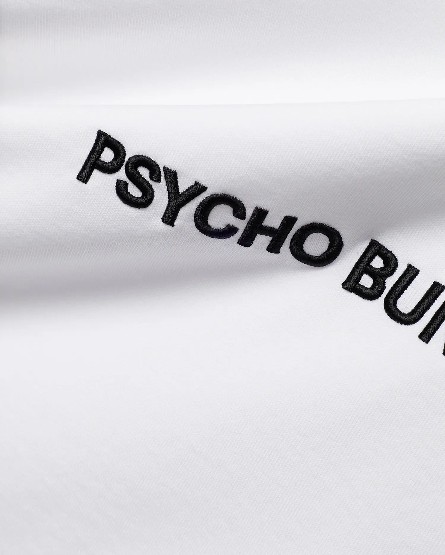 White Mens Haiden Relaxed Heavy Weight Tee, a heavy jersey knit, featuring prominent black embroidered PSYCHO BUNNY text diagonally across the front.