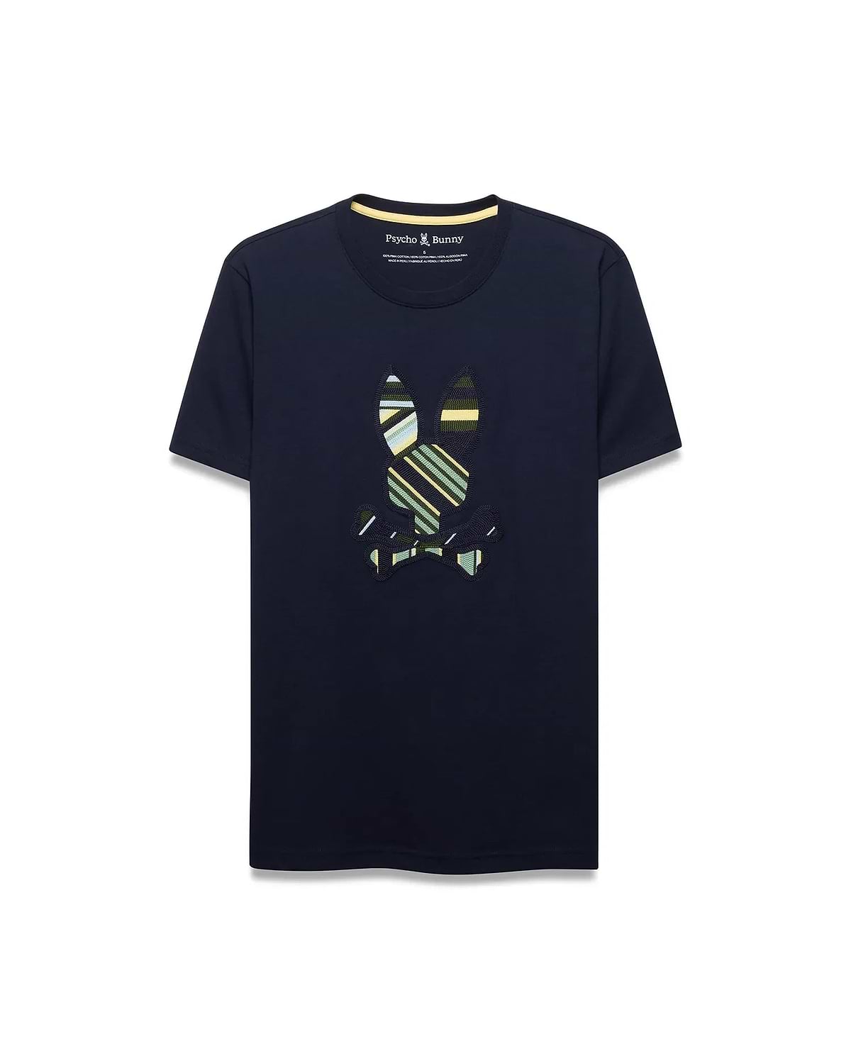 Mens Drew Embroidered Graphic Tee, a navy classic fit jersey t-shirt with a large, center chest embroidered Psycho Bunny skull logo featuring bold green, yellow, and white stripes, and a yellow inner collar trim.