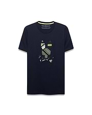 Mens Drew Embroidered Graphic Tee, a navy classic fit jersey t-shirt with a large, center chest embroidered Psycho Bunny skull logo featuring bold green, yellow, and white stripes, and a yellow inner collar trim.