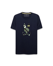 Mens Drew Embroidered Graphic Tee, a navy classic fit jersey t-shirt with a large, center chest embroidered Psycho Bunny skull logo featuring bold green, yellow, and white stripes, and a yellow inner collar trim.