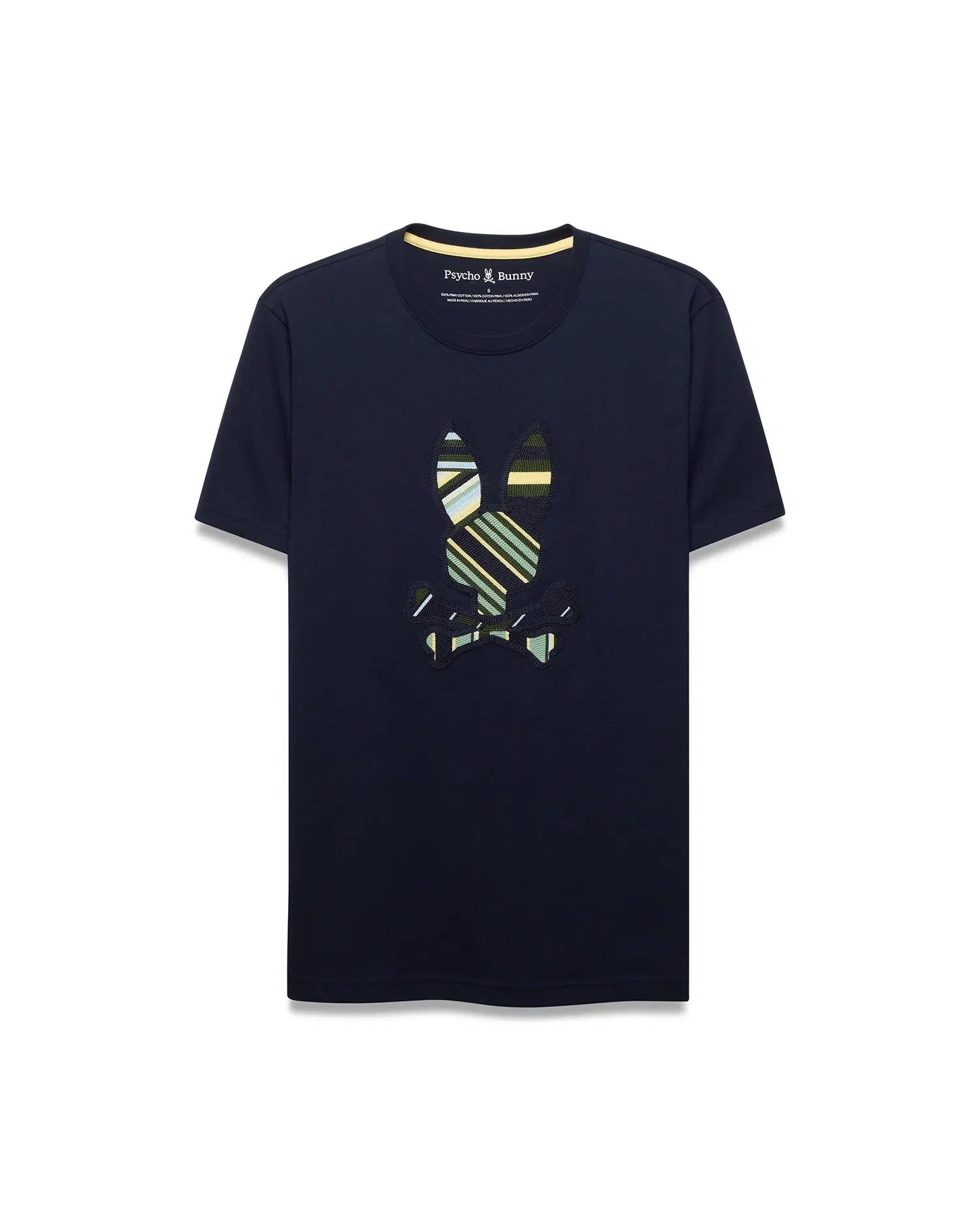 Mens Drew Embroidered Graphic Tee, a navy classic fit jersey t-shirt with a large, center chest embroidered Psycho Bunny skull logo featuring bold green, yellow, and white stripes, and a yellow inner collar trim.