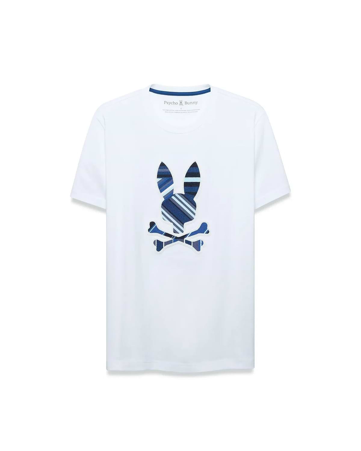 Mens Drew Embroidered Graphic Tee, a classic fit white jersey t-shirt featuring a large center chest Psycho Bunny skull logo with blue, navy, and light blue plaid stripes, outlined in white.