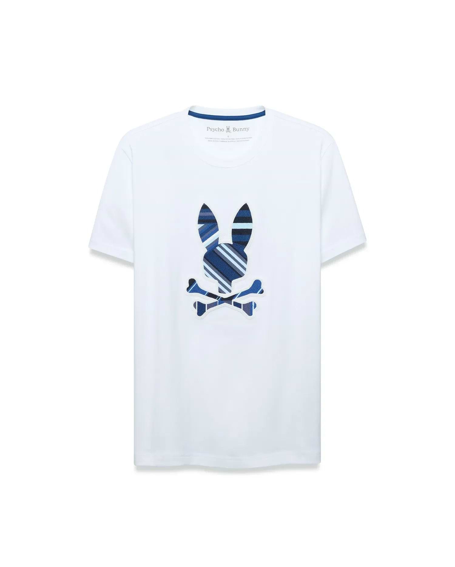 Mens Drew Embroidered Graphic Tee, a classic fit white jersey t-shirt featuring a large center chest Psycho Bunny skull logo with blue, navy, and light blue plaid stripes, outlined in white.