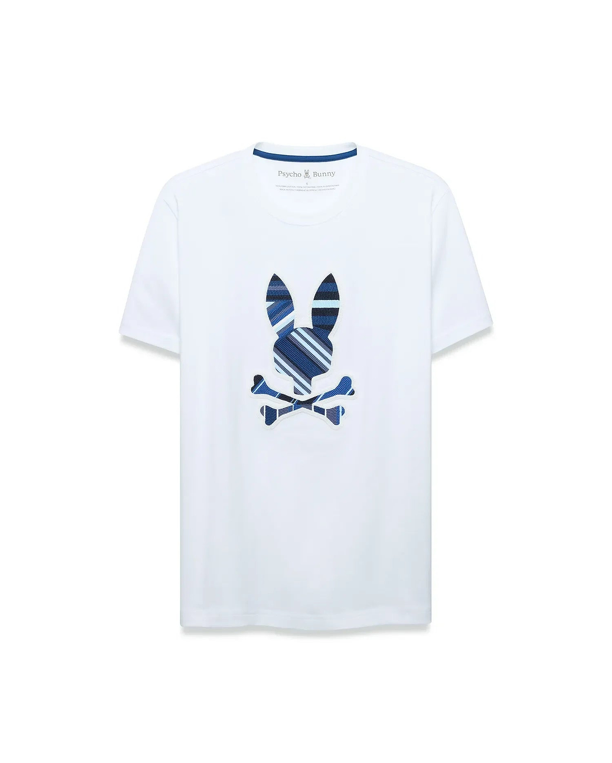 Mens Drew Embroidered Graphic Tee, a classic fit white jersey t-shirt featuring a large center chest Psycho Bunny skull logo with blue, navy, and light blue plaid stripes, outlined in white.