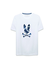 Mens Drew Embroidered Graphic Tee, a classic fit white jersey t-shirt featuring a large center chest Psycho Bunny skull logo with blue, navy, and light blue plaid stripes, outlined in white.